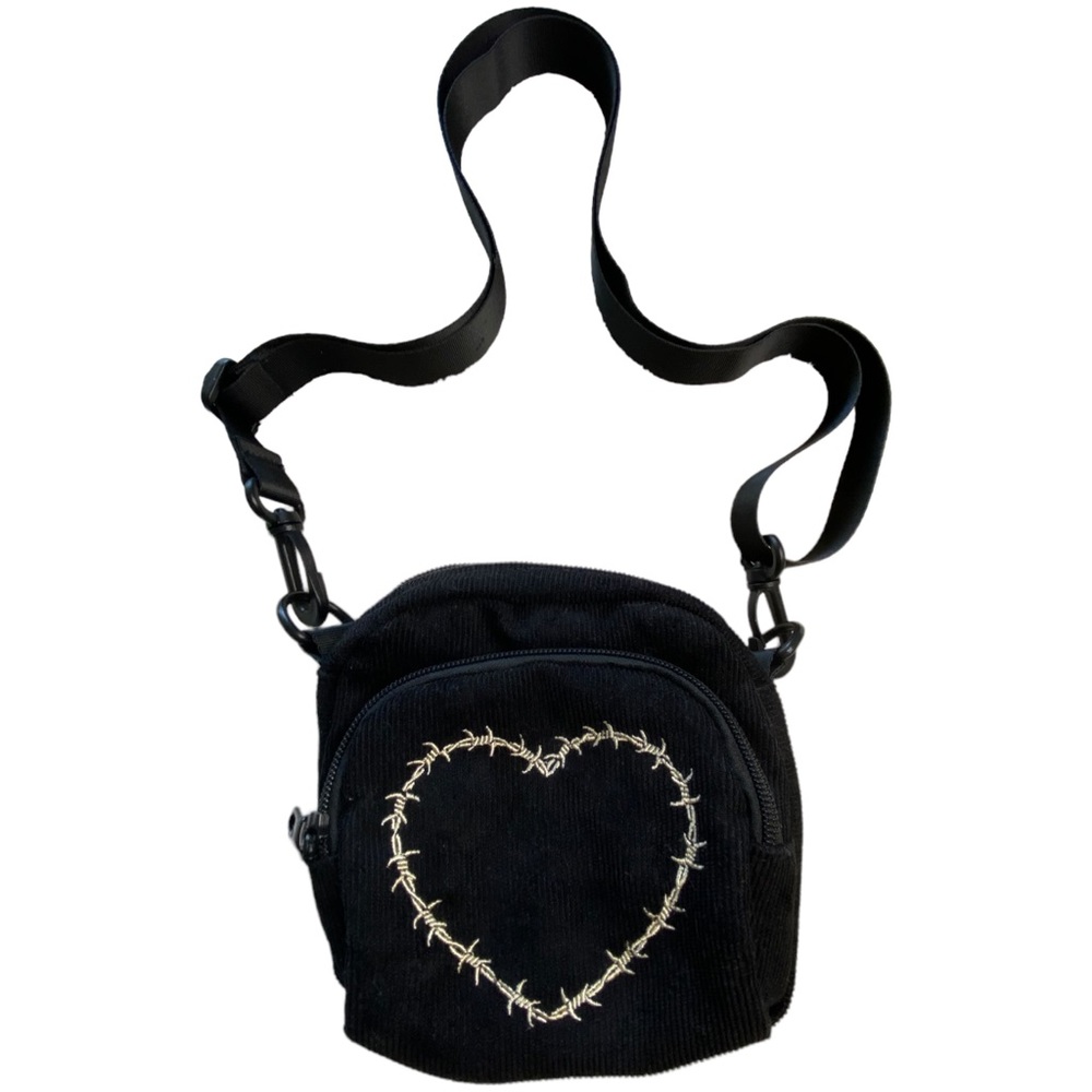 💔 CORDUROY SMALL SIDE BAG WITH HEART DETAIL | Black 💔